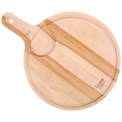 Tagliere Da Cucina In Legno Rotondo | 40 X 30 X 1.5 Cm | Per Aperitivo Pizza Pane Formaggi | Manico, Scanalatura Per Succo E Spazio Per Ciotola | Legno Di Faggio Naturale | Reversibile - Foto 1