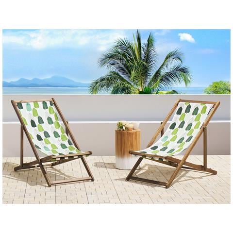 Set Di 2 Sedie A Sdraio Legno Acacia Chiaro Motivo Foglie Bianco E Verde Anzio - Foto 1