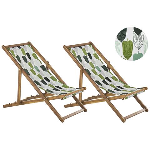 Set Di 2 Sedie A Sdraio Legno Acacia Chiaro Motivo Foglie Bianco E Verde Anzio - Foto 7