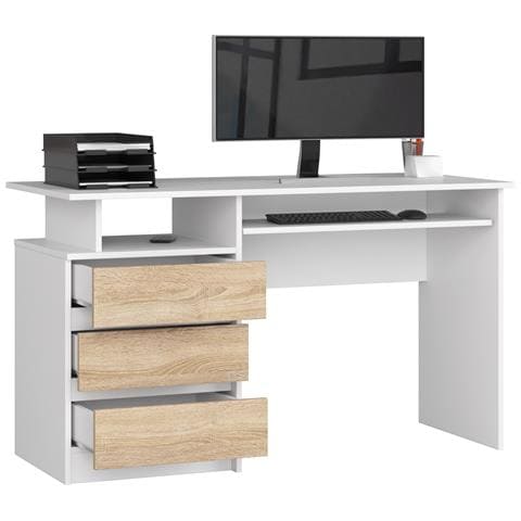 Scrivania CLP, 3 cassetti, 135x60x77 cm, Colore Bianco e Sonoma Quercia - Foto 2