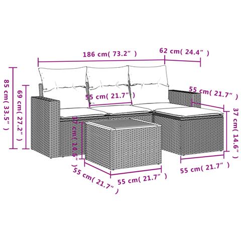 Set Divani da Giardino 5 pz con Cuscini in Polyrattan Nero - Foto 3