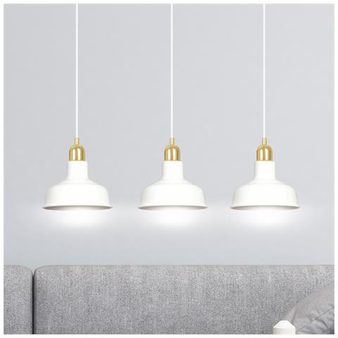 Lampadario Industrial 3 Luci Ibor In Acciaio Bianco Con Elementi In Oro - Foto 2
