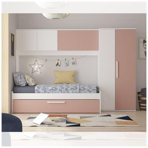 Cameretta A Ponte 6007 Con Letto Estraibile E Armadio Colore Bianco E Rosa Antico - Foto 1