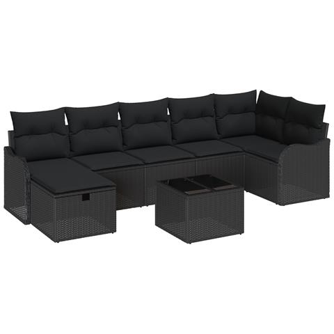 Set di divano da giardino 8 pezzi con cuscini neri in polyrattan, Divano da giardino 2 posti con cuscini neri in polyrattan - Foto 1