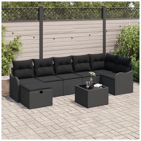 Set di divano da giardino 8 pezzi con cuscini neri in polyrattan, Divano da giardino 2 posti con cuscini neri in polyrattan - Foto 2