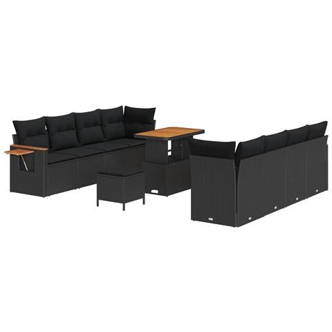 Set Divano Giardino da 11 Pezzi con Cuscini Nero in Poly Rattan e Acacia, Set da Pranzo Giardino da 3 Pezzi con Cuscini Nero in Poly Rattan e Acacia - Foto 1