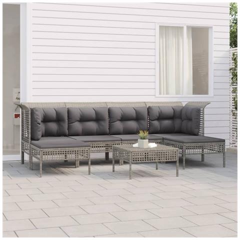 Set Divani da Giardino 7 pz con Cuscini in Polyrattan Grigio - Foto 2