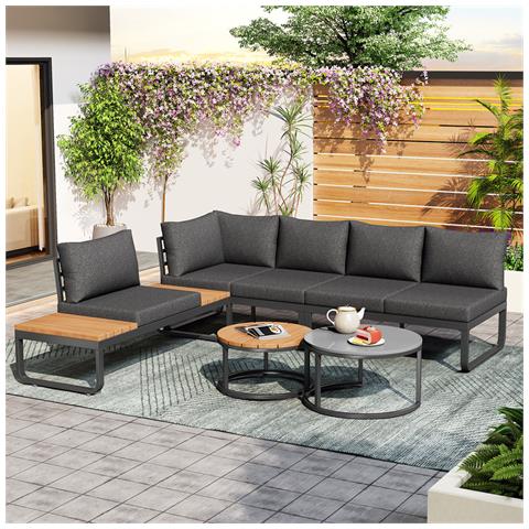 Set Di Mobili Da Giardino (4-5 Posti), 2 Tavolini Impilabili, Struttura In Ferro Zincato, Cuscini Di Seduta Grigi E Cuscini Inclusi - Foto 1