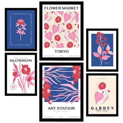 Set Di 6 Stampe Fiori Mercato Dei Fiori Natura E Stampe Botaniche Per L'interior Design A3 & A4 Cornice Nera - Foto 1