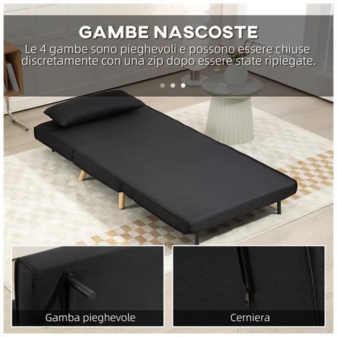 Poltrona Letto 3 in 1 con Schienale Reclinabile su 6 Posizioni in Tessuto, 94x78x80 cm, Nero - Foto 2