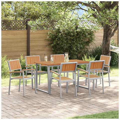 Set da Pranzo da Giardino in 7 Pezzi Grigio Acciaio e Legno Massello di Acacia - Foto 2