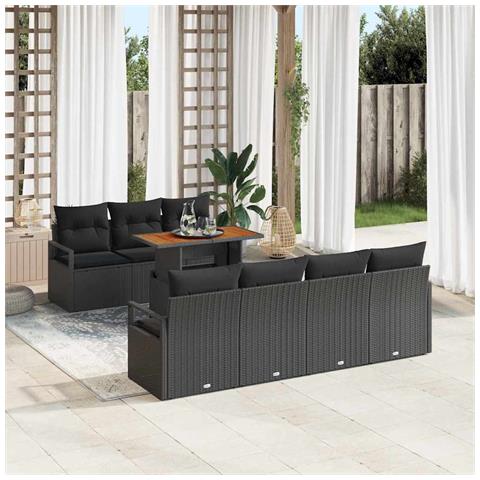 Set di 8 Pezzi Divano da Giardino con Cuscini Rattan Poli Nera Acacia, Divano da Giardino a 2 Posti con Cuscini Rattan Poli Nera - Foto 2