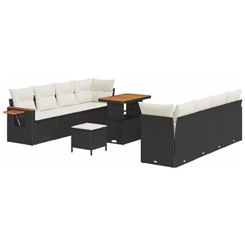 Set Divano Giardino da 11 Pezzi con Cuscini Nero Polyrattan Acacia, Set da Pranzo da Giardino da 3 Pezzi con Cuscini Nero Polyrattan Acacia - Foto 1
