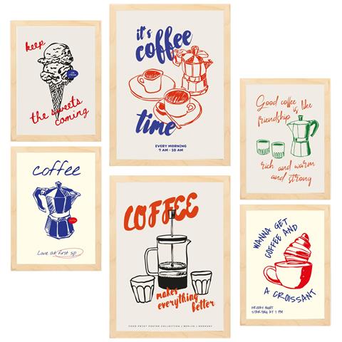 Set Di 6 Stampe Illustrazioni Decorative Di Cibo E Pasti In Stile Pop Art In Toni Pastello Incorniciati Con A3 & A4 Telaio In Legno Chiaro - Foto 1