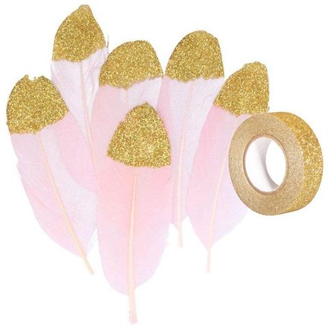 6 Piume Rosa Pallido Con Glitter Dorati + Washi Tape Dorato 5 M - Foto 1