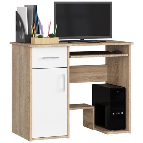 Scrivania per computer JAY, 1 anta e 1 cassetto, 90x50x74 cm, Colore Sonoma Quercia e Bianco - Foto 1