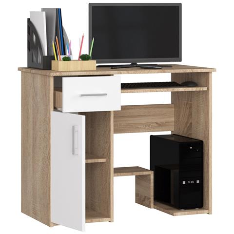 Scrivania per computer JAY, 1 anta e 1 cassetto, 90x50x74 cm, Colore Sonoma Quercia e Bianco - Foto 2