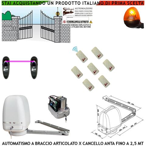 Automazione Cancello Kit Motore A Braccio Articolato 230/24 V Anta Battente Da 0,5 A 2,5 Mt Centrale 7 Radiocomandi Fa - Foto 1