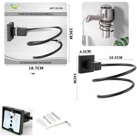 Supporto Bagno Porta Asciugacapelli Phon Da Parete Casa Hotel Nero 02106 - Foto 2