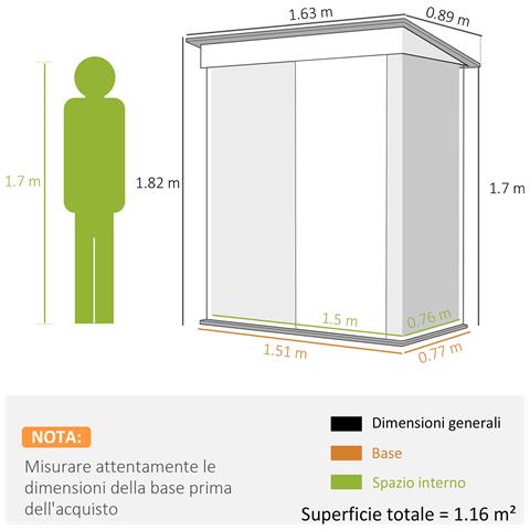 Capanno Attrezzi con Tetto Inclinato e Porta Scorrevole, in Acciaio Zincato, 163x89x182 cm, Verde - Foto 2