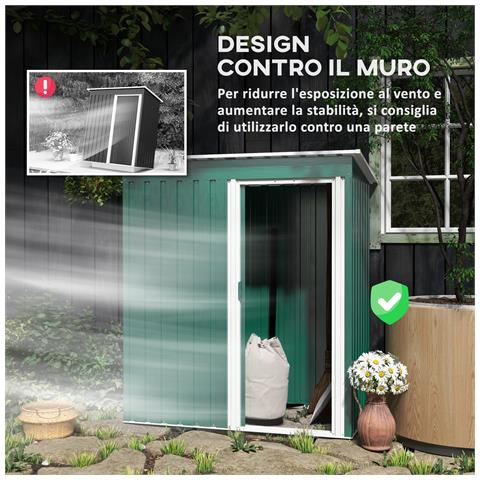 Capanno Attrezzi con Tetto Inclinato e Porta Scorrevole, in Acciaio Zincato, 163x89x182 cm, Verde - Foto 6