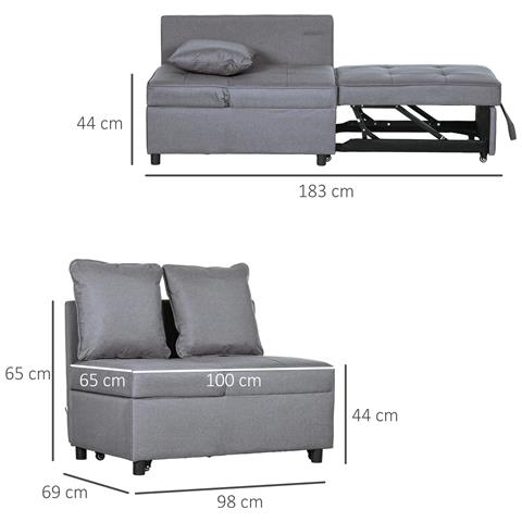 Poltrona Letto 3 in 1 con Schienale Reclinabile, in Tessuto Effetto Lino e Legno, 98x69x65 cm, Grigio Scuro - Foto 2