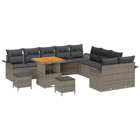 Set divano da giardino 13 pezzi con cuscini Grigio Polyrattan Acacia,  Divano da giardino 2 posti con cuscini Grigio Polyrattan,  Set da pranzo da giardino 3 pezzi con cuscini Grigio Polyrattan Acacia - Foto 1