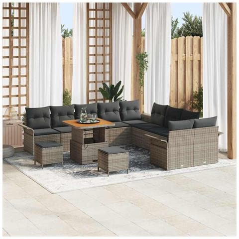 Set divano da giardino 13 pezzi con cuscini Grigio Polyrattan Acacia,  Divano da giardino 2 posti con cuscini Grigio Polyrattan,  Set da pranzo da giardino 3 pezzi con cuscini Grigio Polyrattan Acacia - Foto 2