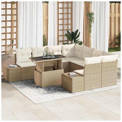 Set divano da giardino 9 pezzi con cuscini beige in rattan sintetico - Foto 2