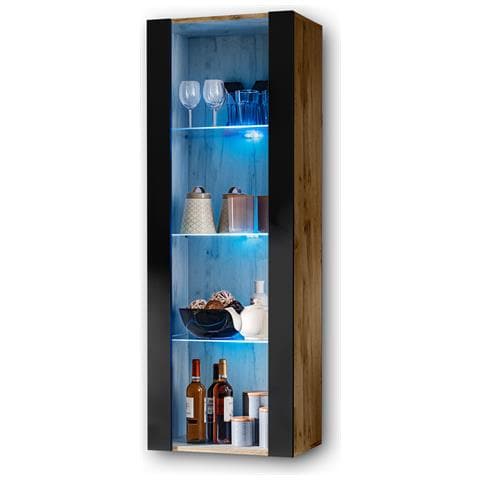 Komodee, Vetrina Tivoli, Wotan/nero, Larghezza 55 Cm X Altezza 159 Cm X Profondità 35 Cm, Led Blu, 3 Ripiani, Per Soggiorno, Camera Da Letto, Anticamera - Foto 2