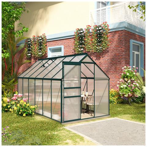 Serra Da Giardino In Policarbonato 190x375x199cm, Con Finestra Apribile E Porta Scorrevole, Struttura In Alluminio, Verde - Foto 2