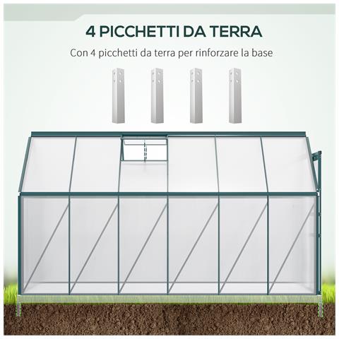 Serra Da Giardino In Policarbonato 190x375x199cm, Con Finestra Apribile E Porta Scorrevole, Struttura In Alluminio, Verde - Foto 6