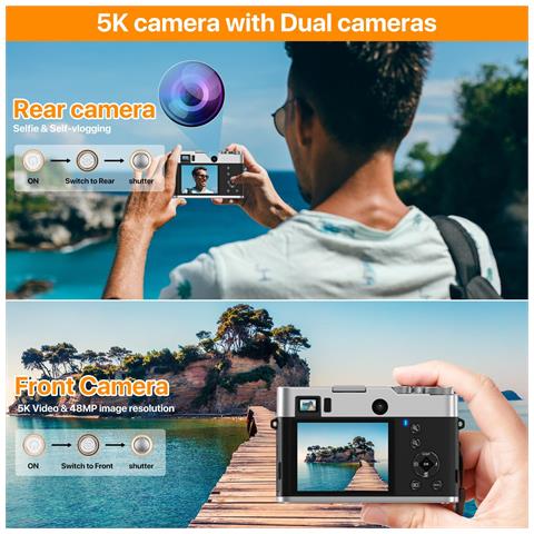Fotocamera Digitale 5k Con Fotocamere Anteriore E Posteriore, Mirino, Autofocus, Anti-shake Black - Foto 2
