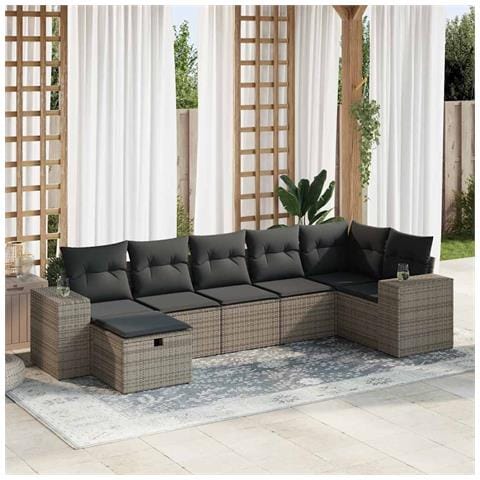 Set Divani Da Giardino 7 Pz Con Cuscini Grigio In Polyrattan - Foto 1