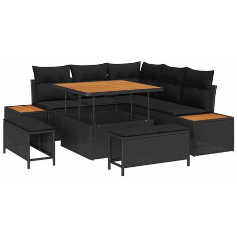 Set di Divano da Giardino 8 Pezzi con Cuscini Nero Polirattan Acacia, Set da Pranzo da Giardino 3 Pezzi con Cuscini Nero Polirattan Acacia - Foto 1