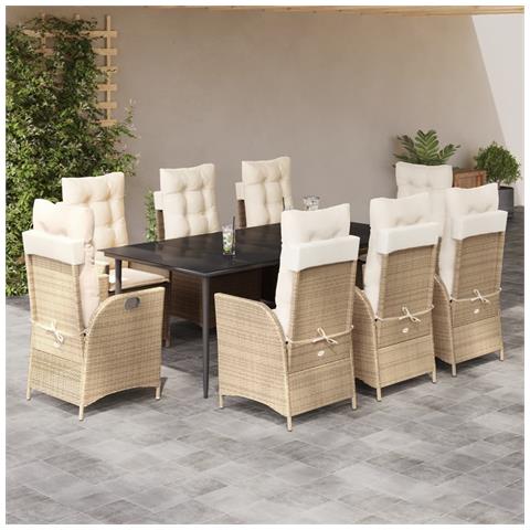 Set da Pranzo da Giardino 9 pz con Cuscini Beige in Polyrattan - Foto 2