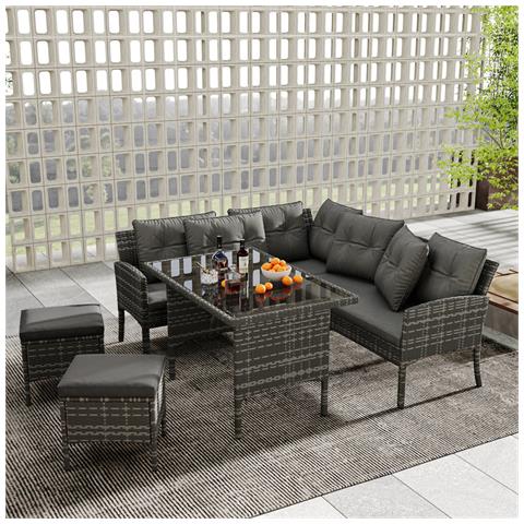 Set Da Giardino In Polyrattan, Per 7 Persone, Con Divano, Tavolo, Sgabello E Cuscini, Rivestimento In Tessuto Sfoderabile E Lavabile, Grigio - Foto 1