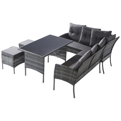 Set Da Giardino In Polyrattan, Per 7 Persone, Con Divano, Tavolo, Sgabello E Cuscini, Rivestimento In Tessuto Sfoderabile E Lavabile, Grigio - Foto 2