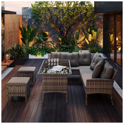 Set Da Giardino In Polyrattan, Per 7 Persone, Con Divano, Tavolo, Sgabello E Cuscini, Rivestimento In Tessuto Sfoderabile E Lavabile, Grigio - Foto 4