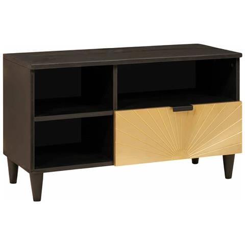 Mobile TV Nero e Oro 80 x 33 x 46 cm legno massello di mango - Foto 1