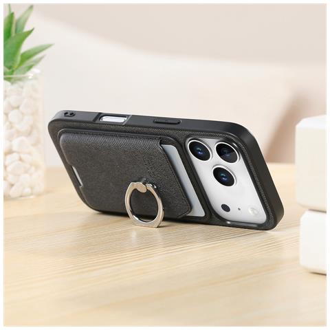 Custodia Nera In Pelle Pu Con Anello E Porta Carte Magnetico Compatibile Con Iphone 17 - Foto 2