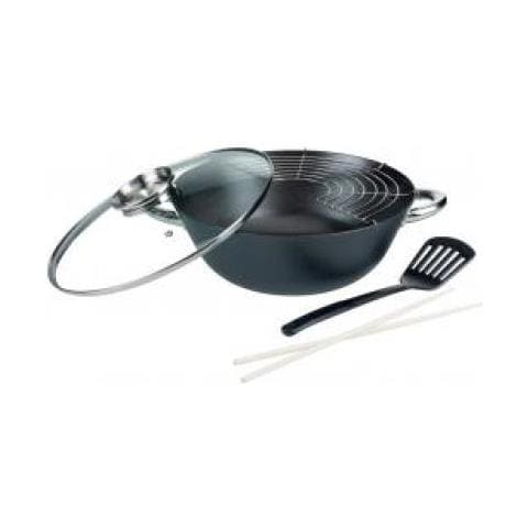 Set Wok In Alluminio Antiaderente Per Induzione Con Coperchio In Vetro, Griglia E Paletta Dim. 32 Di - Foto 1