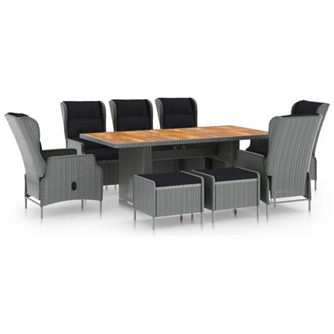 Set Pranzo da Giardino 9pz con Cuscini Polyrattan Grigio Chiaro - Foto 1