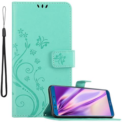 Cadorabo Custodia Compatibile Con Honor 9 Lite In Turchese Fiore - Coperchio Protettivo In Design Floreale Con Chiusura Magnetica, Funzione Stand E Slot Per Carte - Foto 1