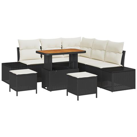 Set di Divano da Giardino 8 Pezzi con Cuscini Nero Poly Rattan Acacia, Divano da Giardino a 2 Posti con Spazio di Stoccaggio e Cuscini Nero Poly Rattan, Set da Pranzo Giardino 3 Pezzi con Cuscini Nero Poly Rattan Acacia - Foto 1