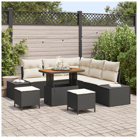 Set di Divano da Giardino 8 Pezzi con Cuscini Nero Poly Rattan Acacia, Divano da Giardino a 2 Posti con Spazio di Stoccaggio e Cuscini Nero Poly Rattan, Set da Pranzo Giardino 3 Pezzi con Cuscini Nero Poly Rattan Acacia - Foto 2