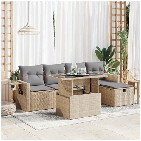 Set Divano da Giardino 6 pz con Cuscini Beige in Polyrattan - Foto 2