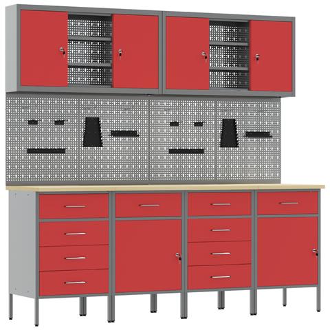 Set di mobili e pannello attrezzi di 10 pezzi rosso in MDF e metallo - Foto 1