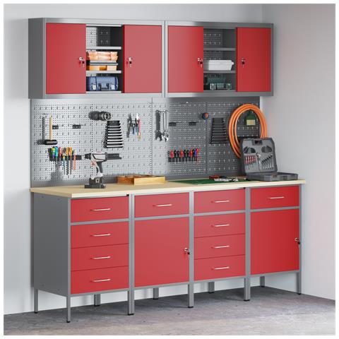 Set di mobili e pannello attrezzi di 10 pezzi rosso in MDF e metallo - Foto 2