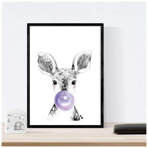 Set Di 6 Stampe Animali Bambini Con Gomma Da Masticare Cervo Elefante Zorro Orso Cane Maiale A3 Senza Cornice - Foto 2